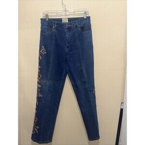 24 Karat High Rise Jean With Floral Design Size‎ 10 Dark Blue Straight Leg